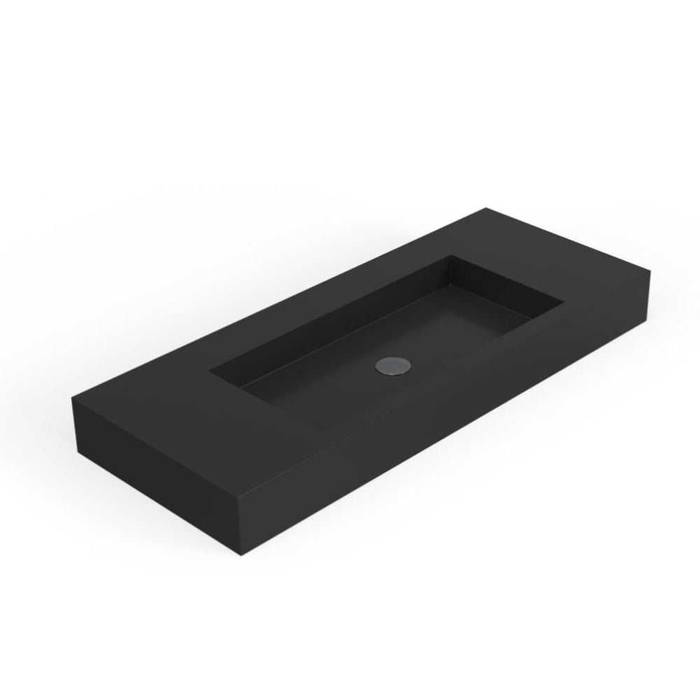 Black rectangular sink on a white background