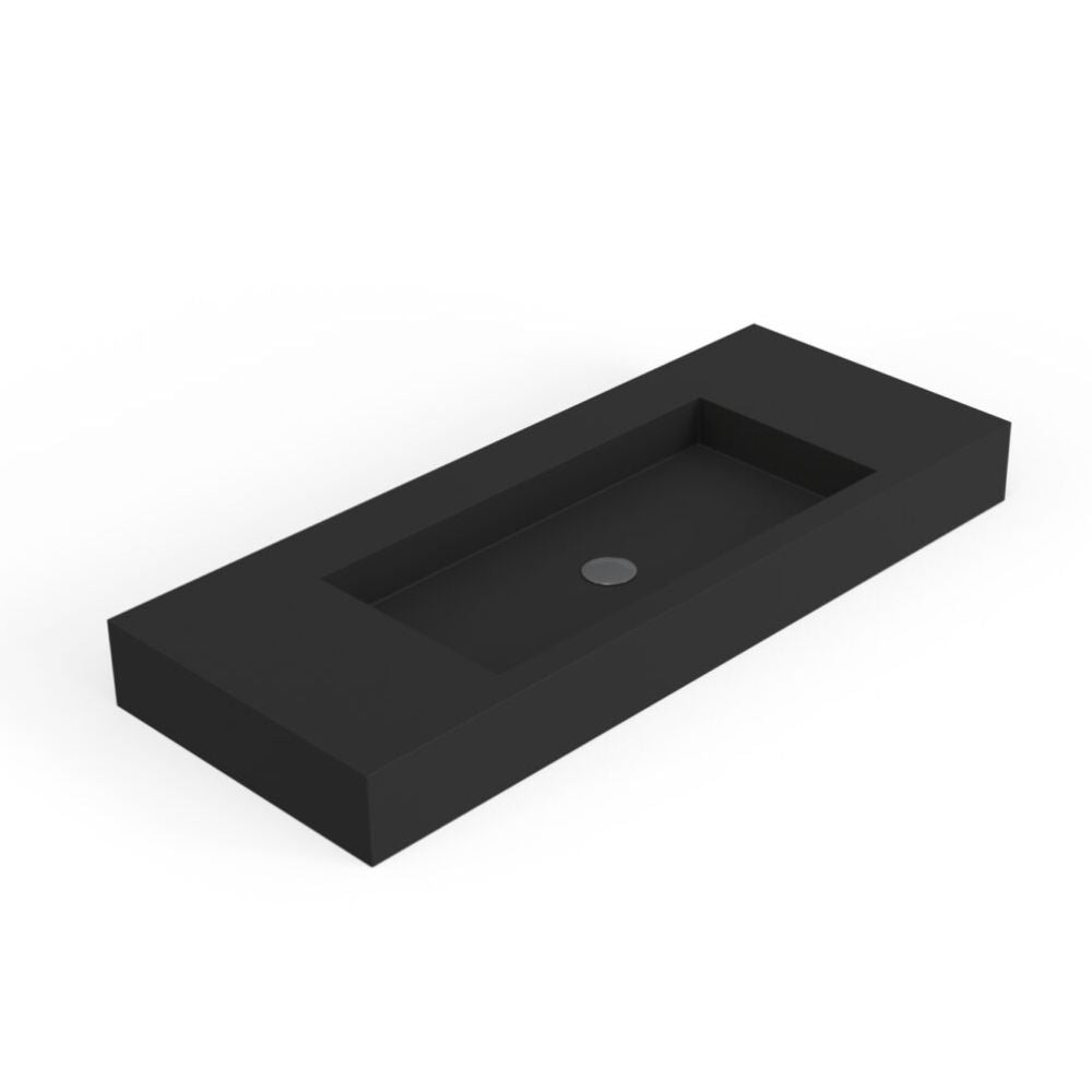 Black rectangular sink on a white background
