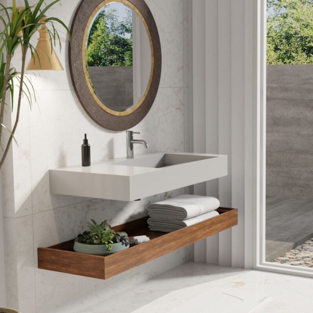 Bathroom vanity with sink, mirror, and wooden shelf in a modern setting.