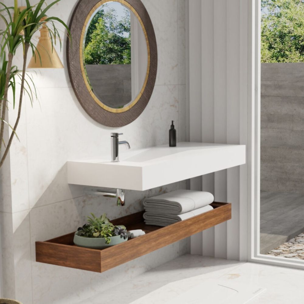 Bathroom vanity with sink, mirror, and wooden shelf.