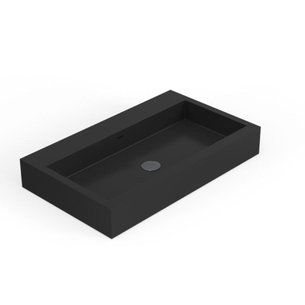 Black rectangular sink on a white background