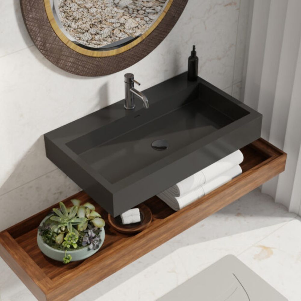 Bathroom sink with wooden shelf and decorative elements