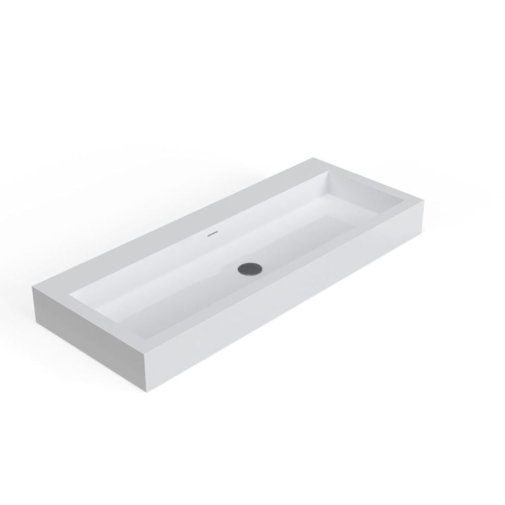 A modern rectangular wall-mounted bathroom sink with a deep integrated basin and a single central drain, shown on a plain white background.