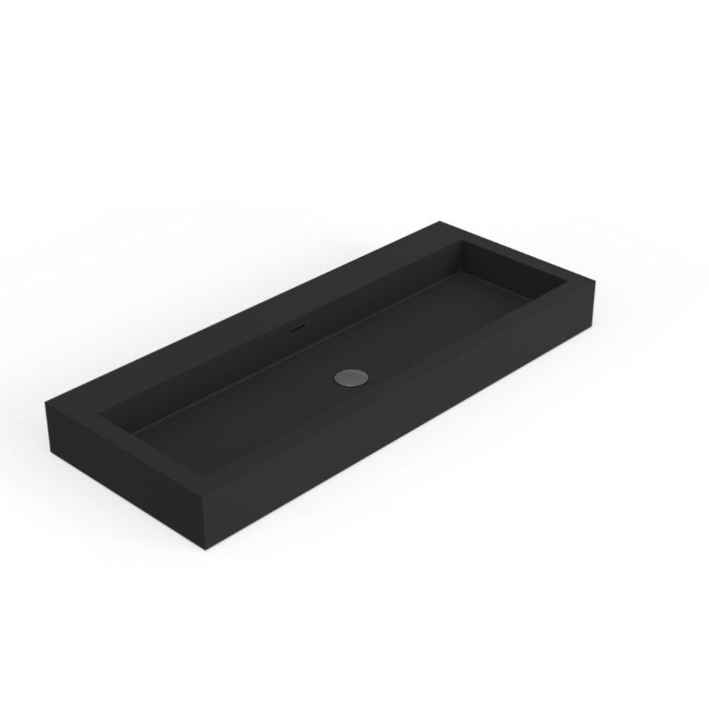 A modern rectangular black basin or tray with a recessed interior and a small circular drain, shown on a plain white background.