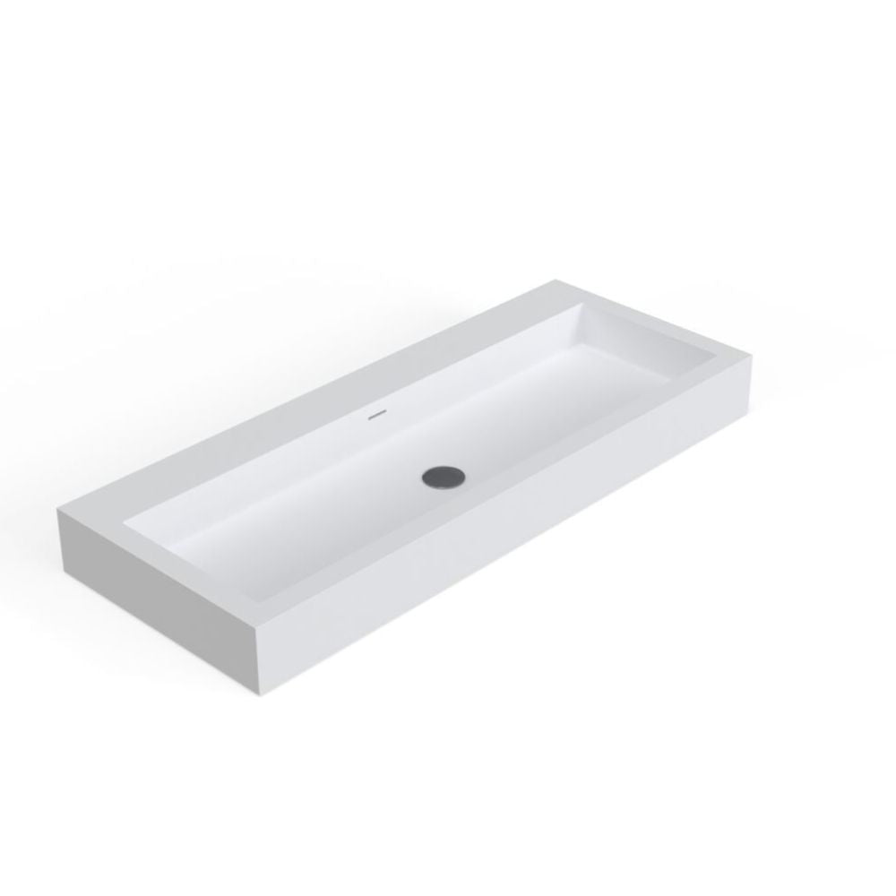 A modern rectangular white ceramic bathroom sink with a recessed basin and a single central drain, shown at an angle on a plain white background.