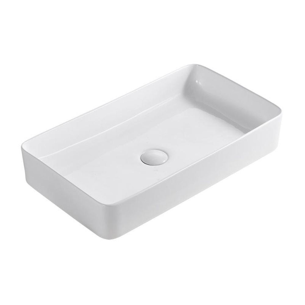 Rectangular white ceramic sink on a white background