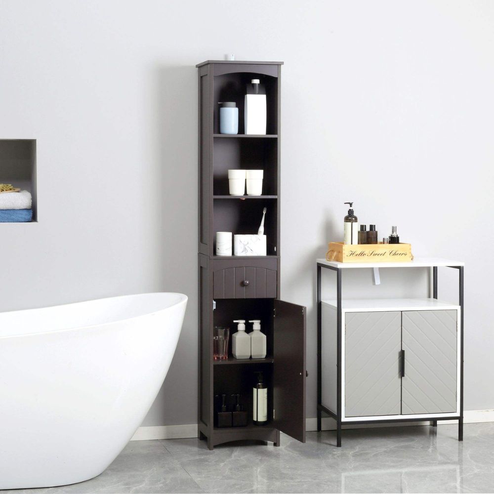 Tall narrow cabinet with open door in a bathroom setting