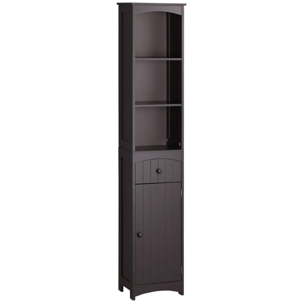 Tall dark brown wooden cabinet with a single door and shelves on a white background