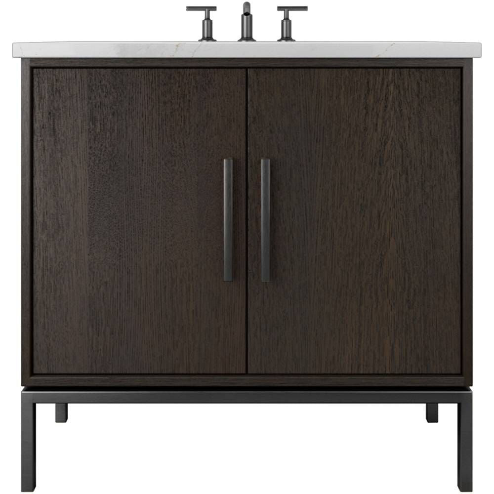 Bathroom vanity with dark wood finish and two doors on a white background