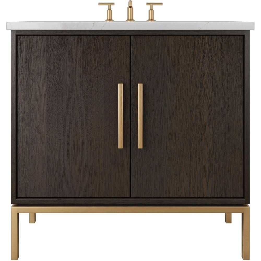 Bathroom vanity with dark wood finish, gold fixtures, and white countertop.