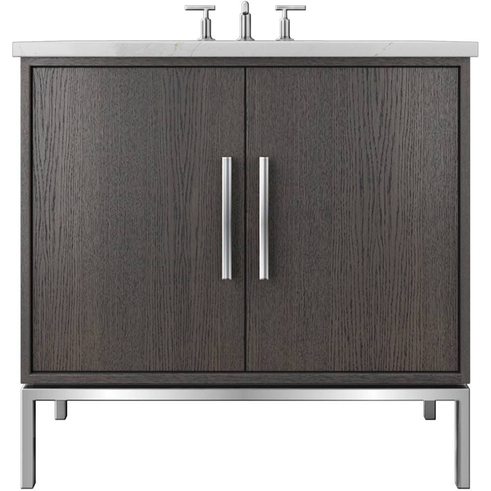 Bathroom vanity with dark wood finish and silver fixtures on a white background