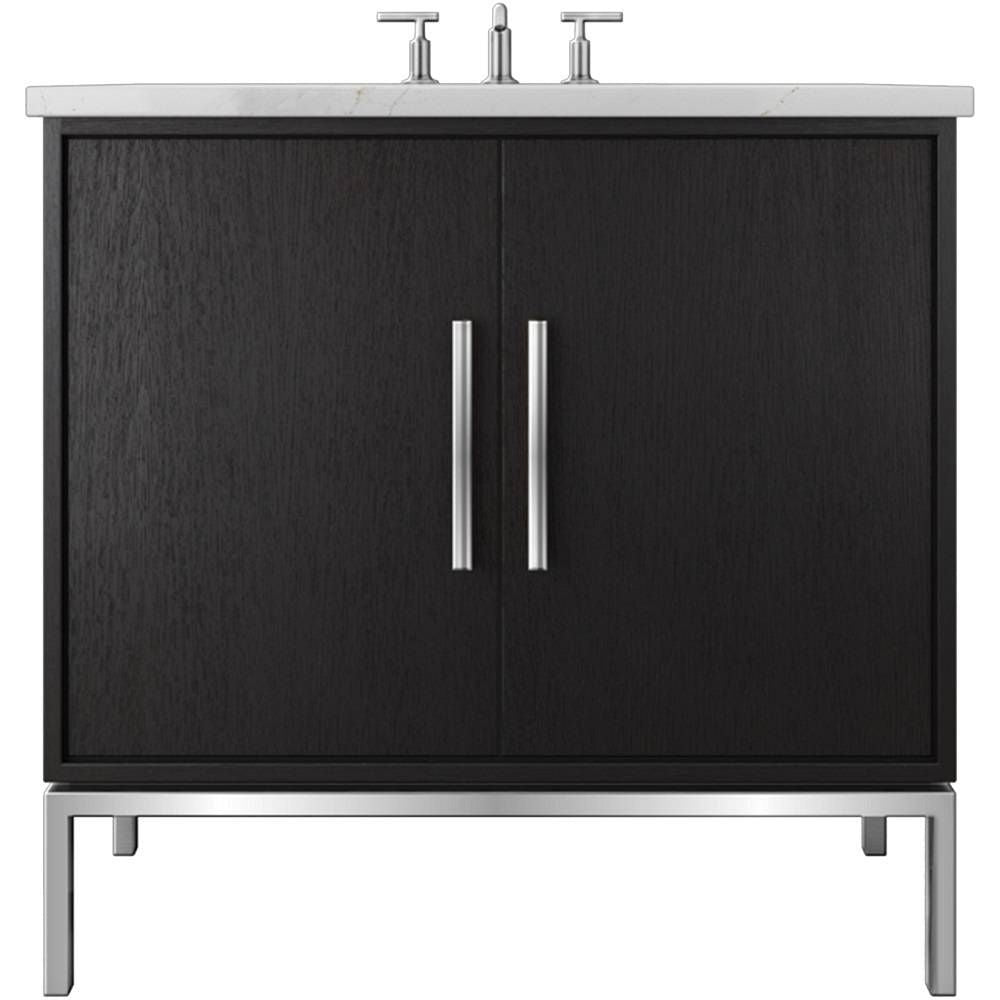 Black bathroom vanity with silver handles on a white background