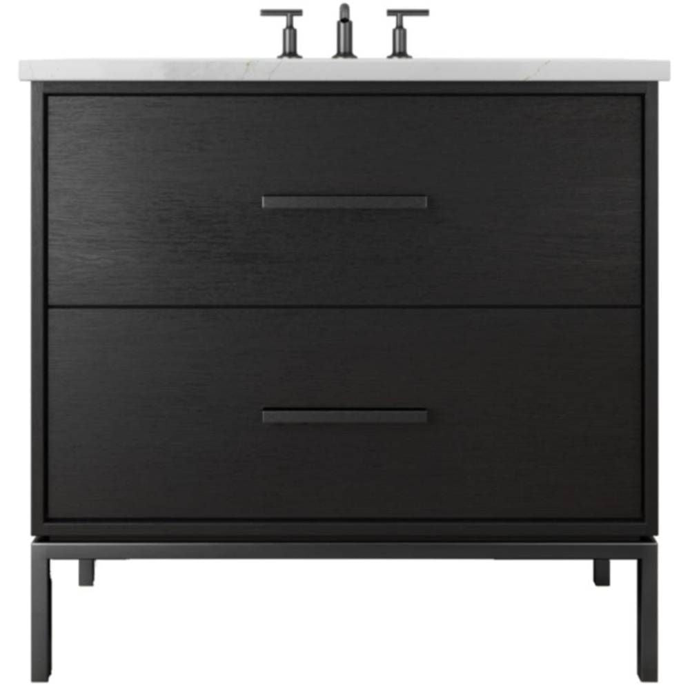 Black bathroom vanity with white countertop and faucet on a white background