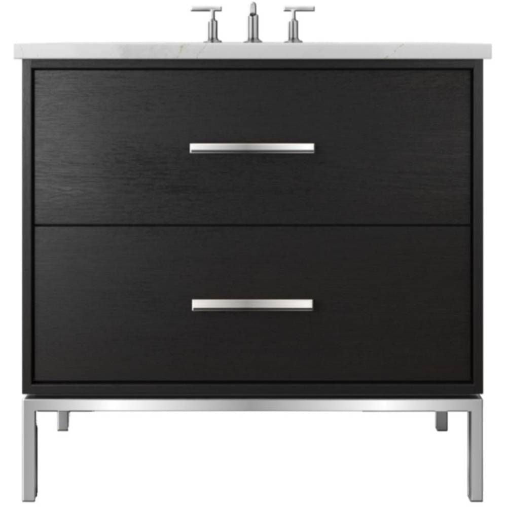 Black bathroom vanity with two drawers and a white countertop on a white background