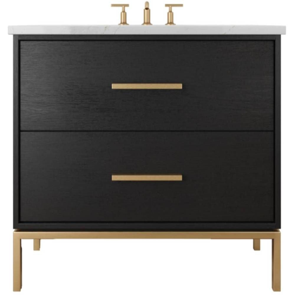 Black bathroom vanity with gold fixtures on a white background