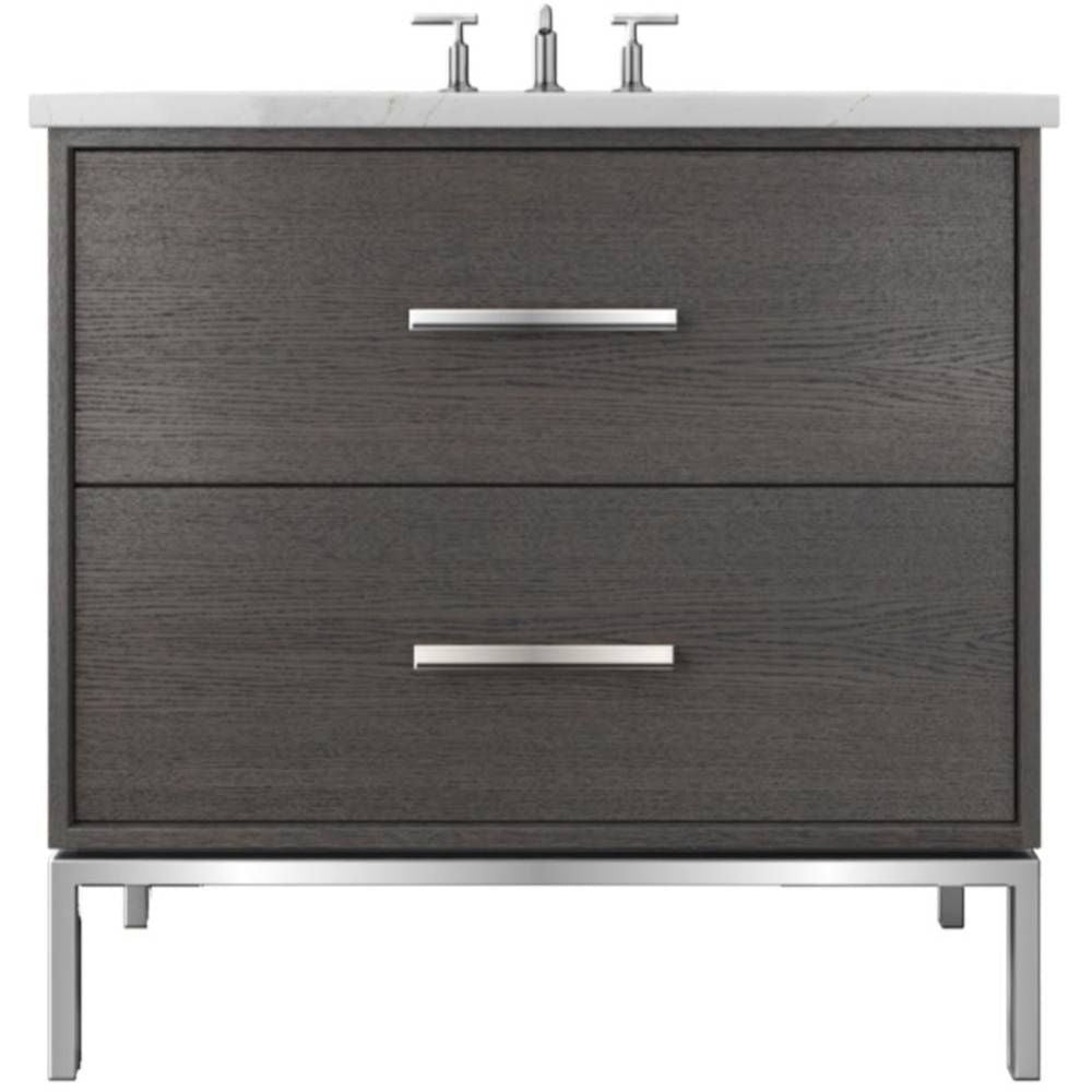 Bathroom vanity with two drawers and a white countertop on a white background