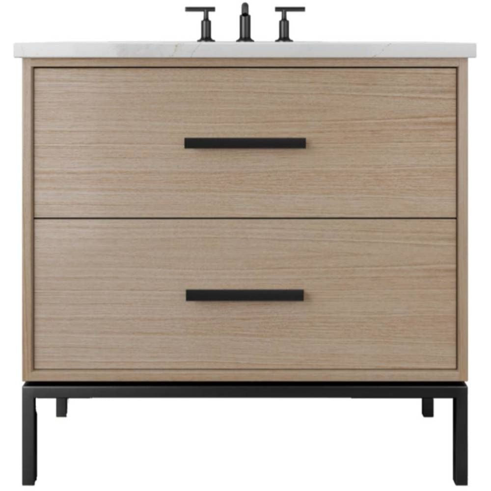 Bathroom vanity with two drawers and a white countertop on a white background