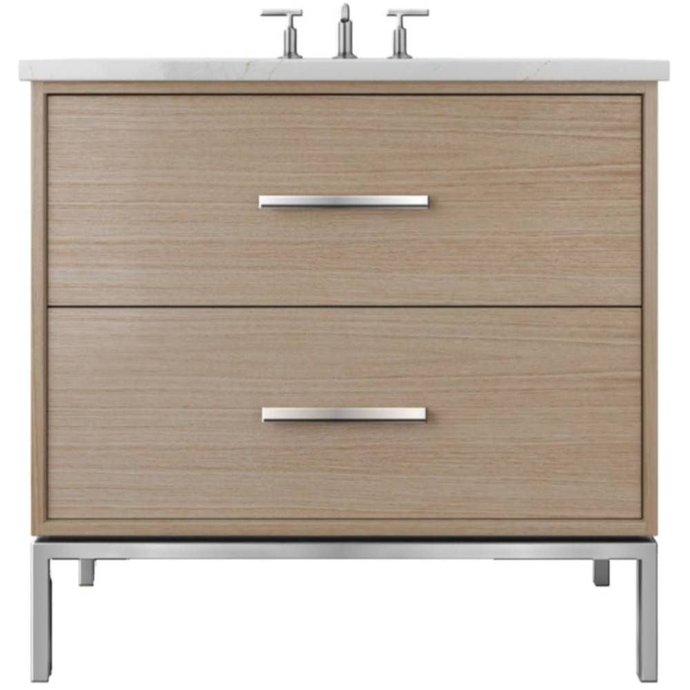 Wooden bathroom vanity with two drawers and a white countertop on a white background