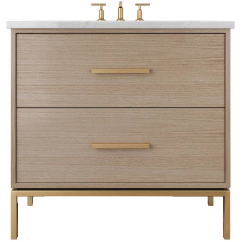 Bathroom vanity with two drawers, gold handles, and a white countertop on a white background