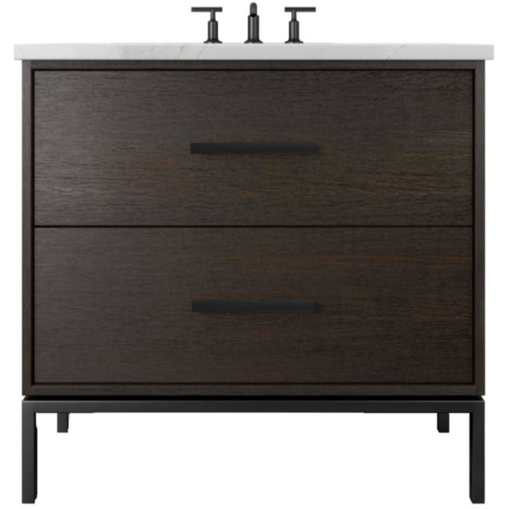 Bathroom vanity with two drawers and a white countertop on a white background