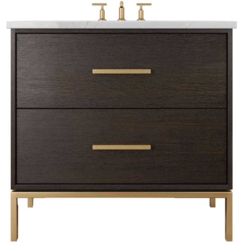 Bathroom vanity with dark wood finish, gold fixtures, and marble countertop.