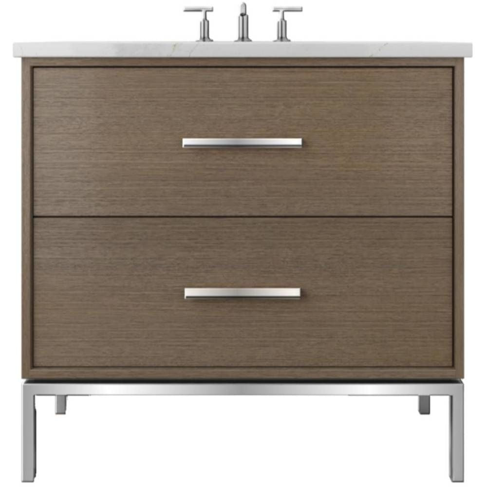 Bathroom vanity with two drawers and a white countertop on a white background