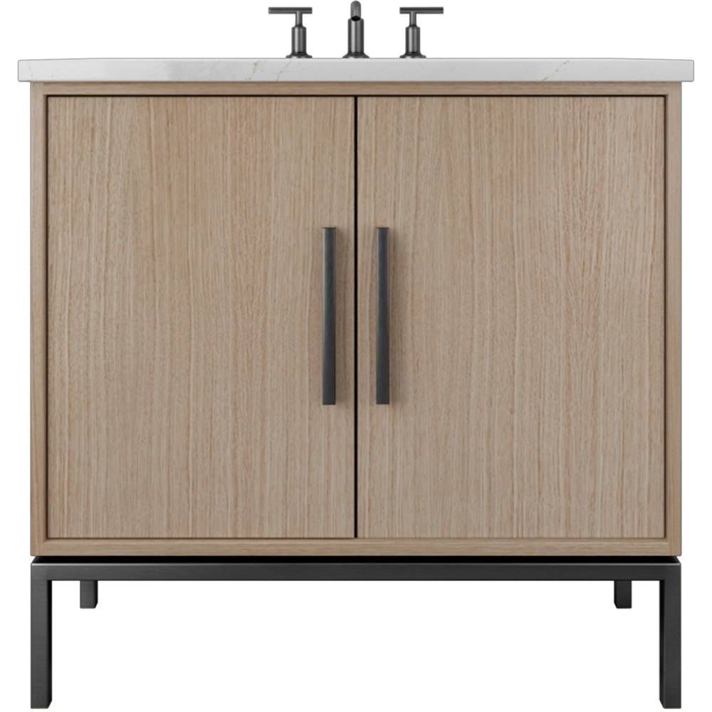 Bathroom vanity with wooden finish and white countertop on a white background