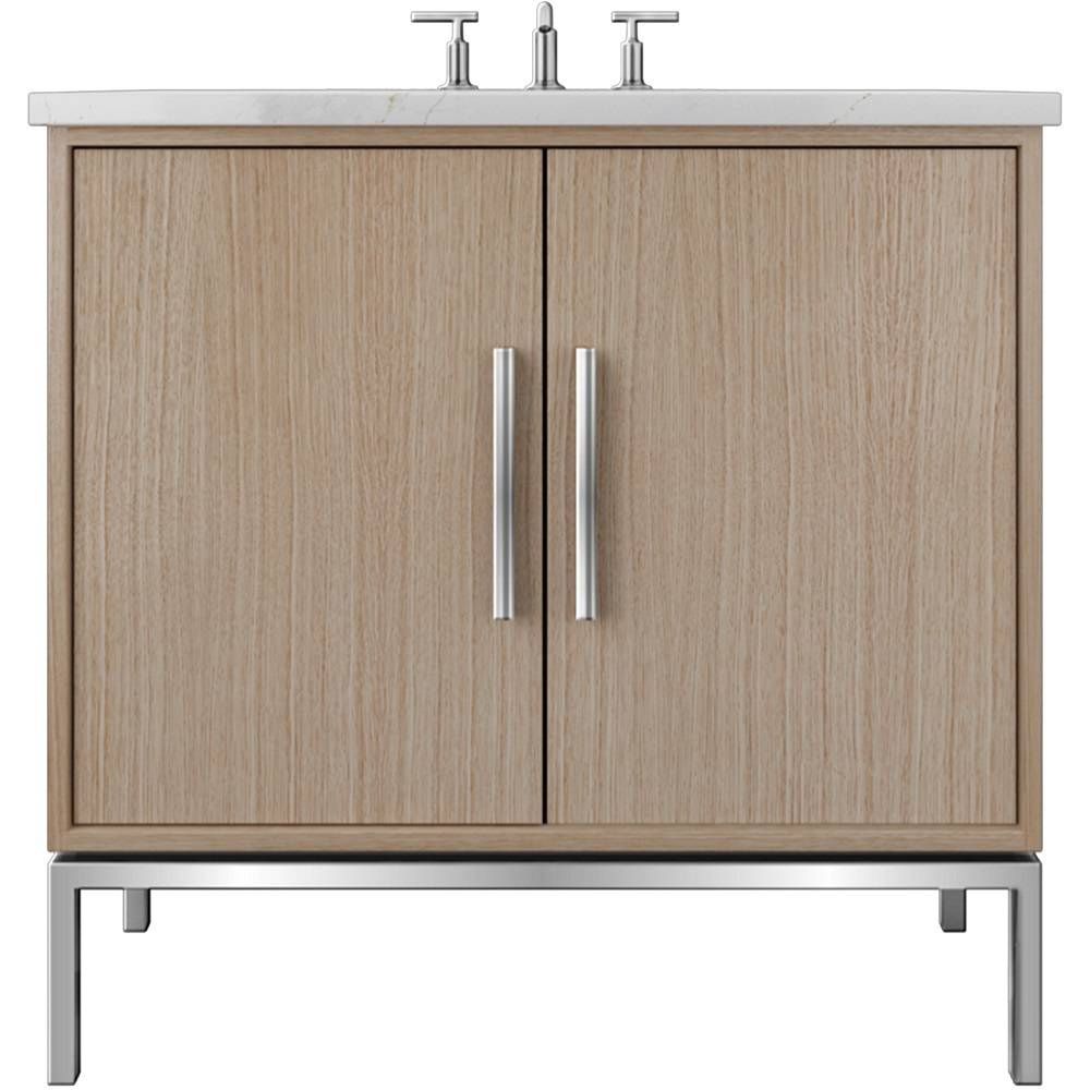 Bathroom vanity with wooden cabinets and silver handles on a white background
