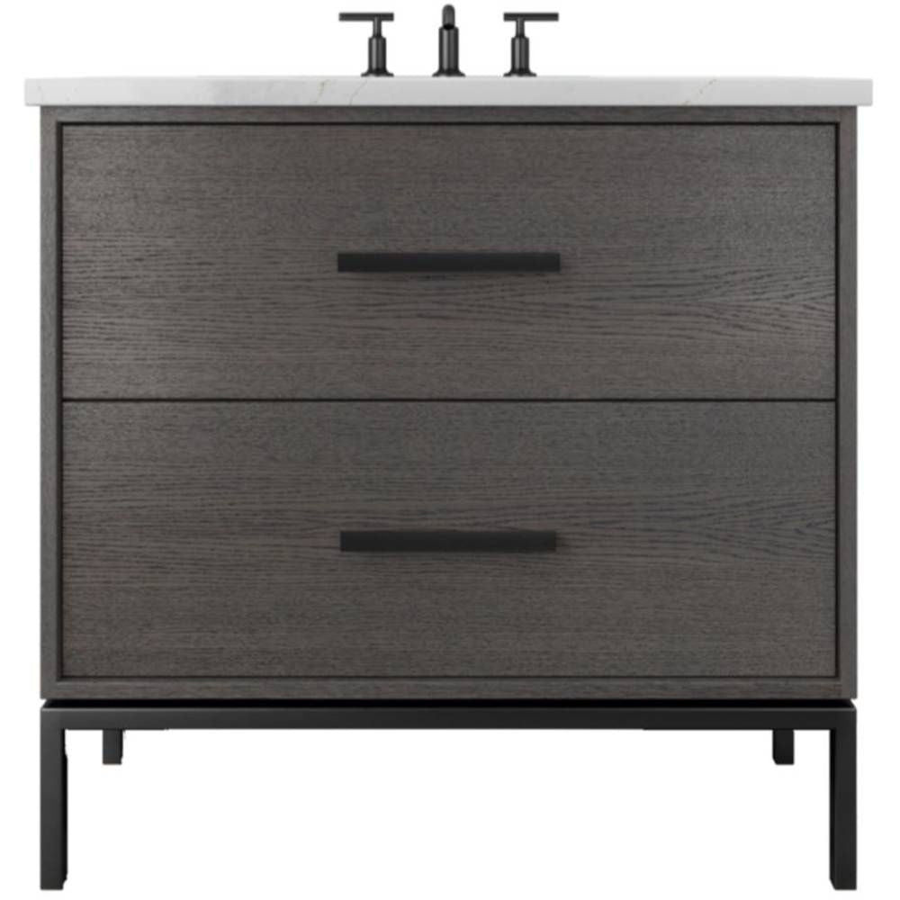 Bathroom vanity with two drawers and a white countertop on a white background