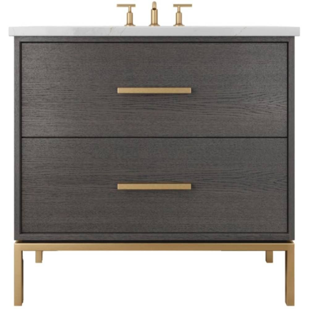Bathroom vanity with dark wood finish, gold legs, and brass fixtures on a white background