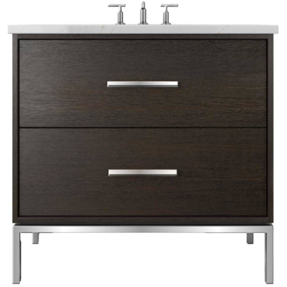 Bathroom vanity with two drawers and a white countertop on a white background
