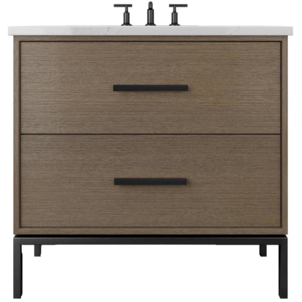 Wooden bathroom vanity with two drawers and a white countertop on a white background