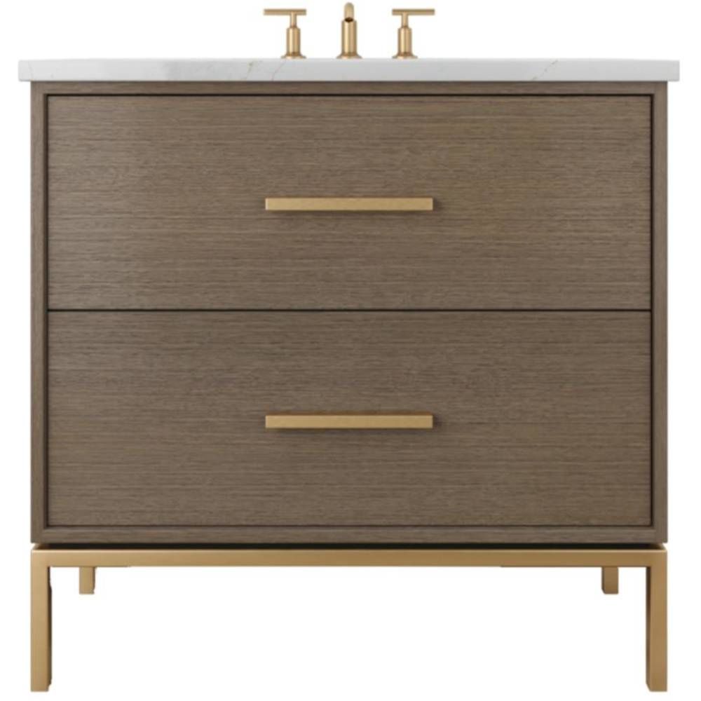 Bathroom vanity with wooden finish and gold fixtures on a white background