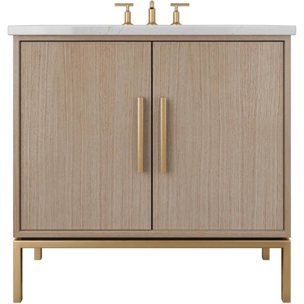 Bathroom vanity with wooden finish and gold fixtures on a white background