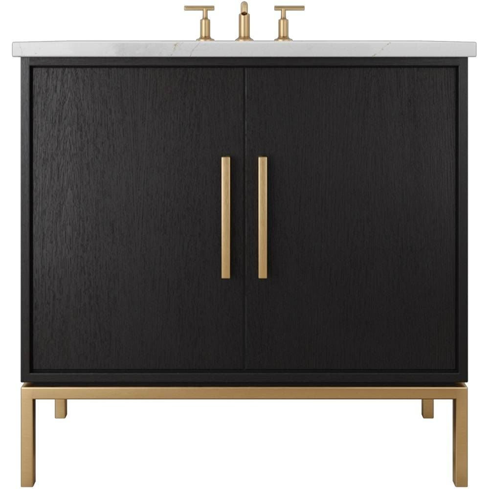 Black bathroom vanity with two doors and two handles on a white background