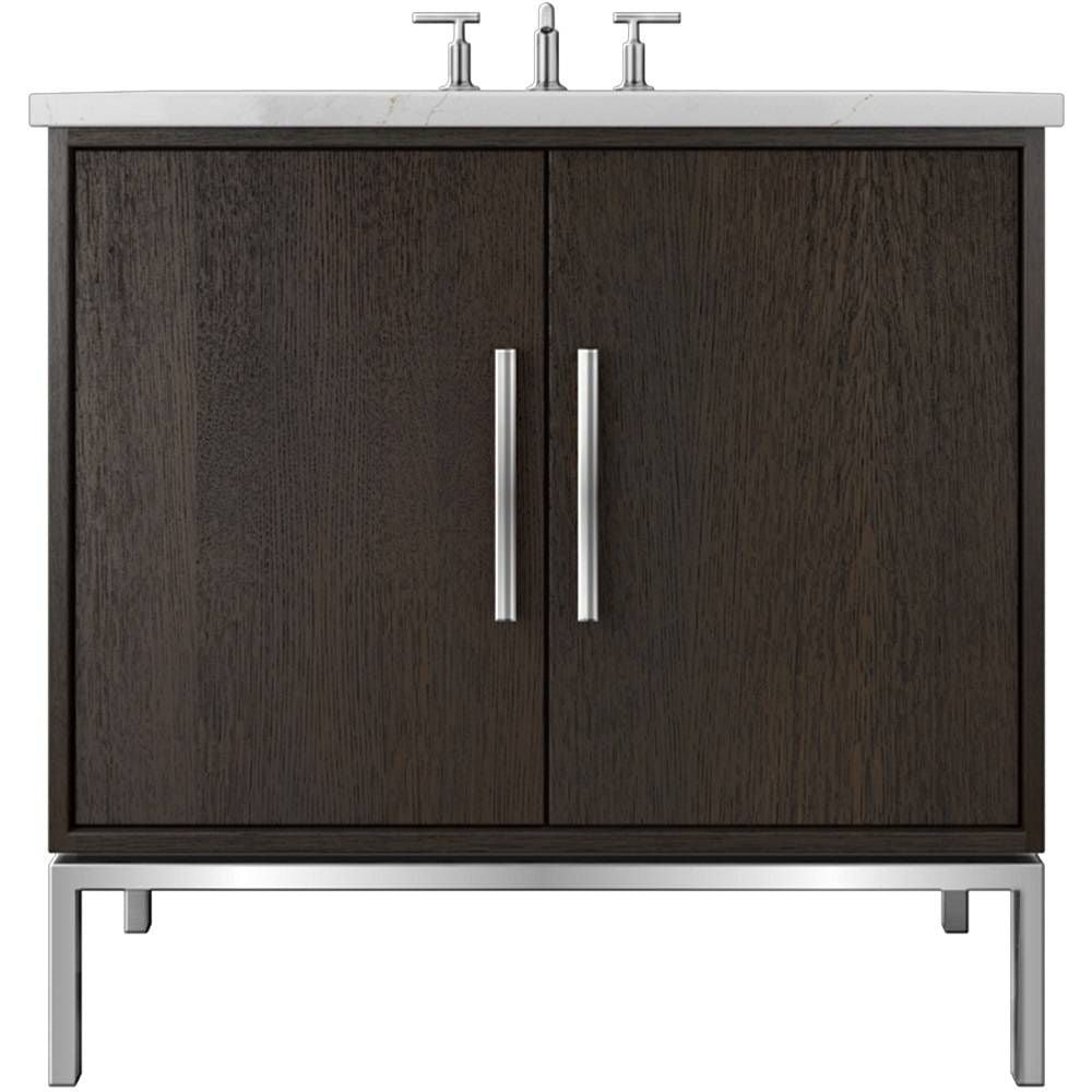Bathroom vanity with dark wood finish and silver fixtures on a white background