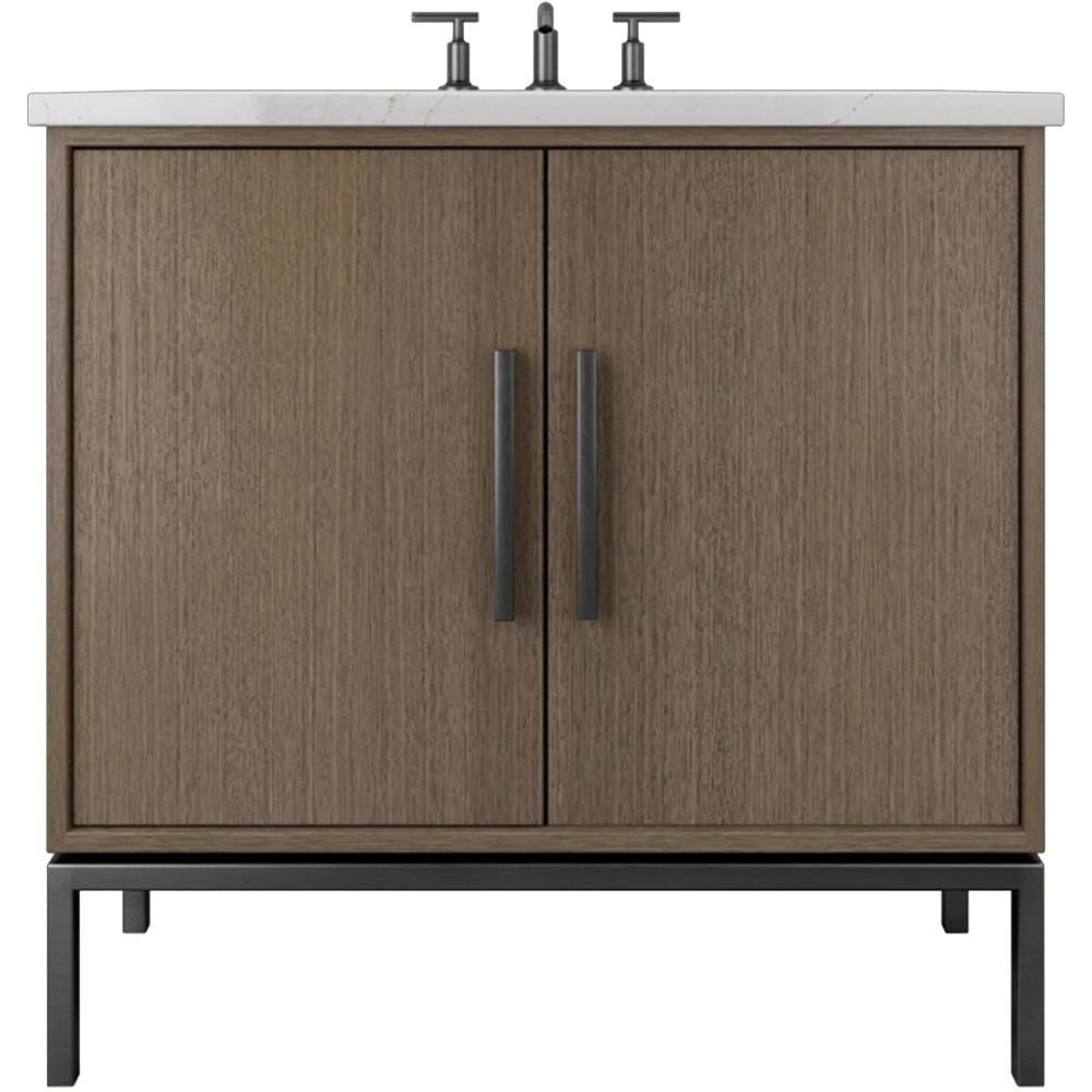 Wooden bathroom vanity with two doors and two fixtures on a white background