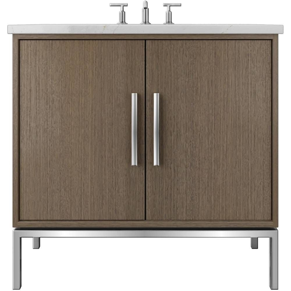 Bathroom vanity with wooden finish and silver handles on a white background