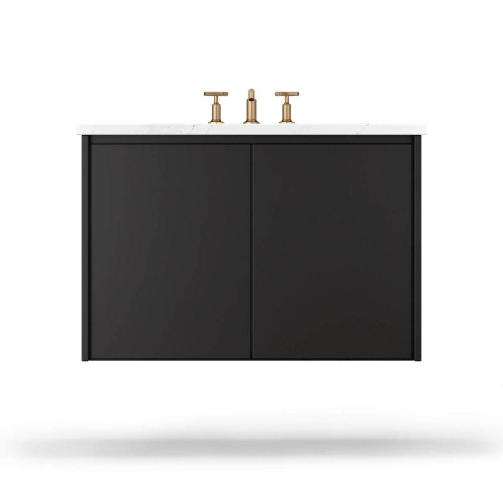 Black bathroom vanity with gold faucet on a white background