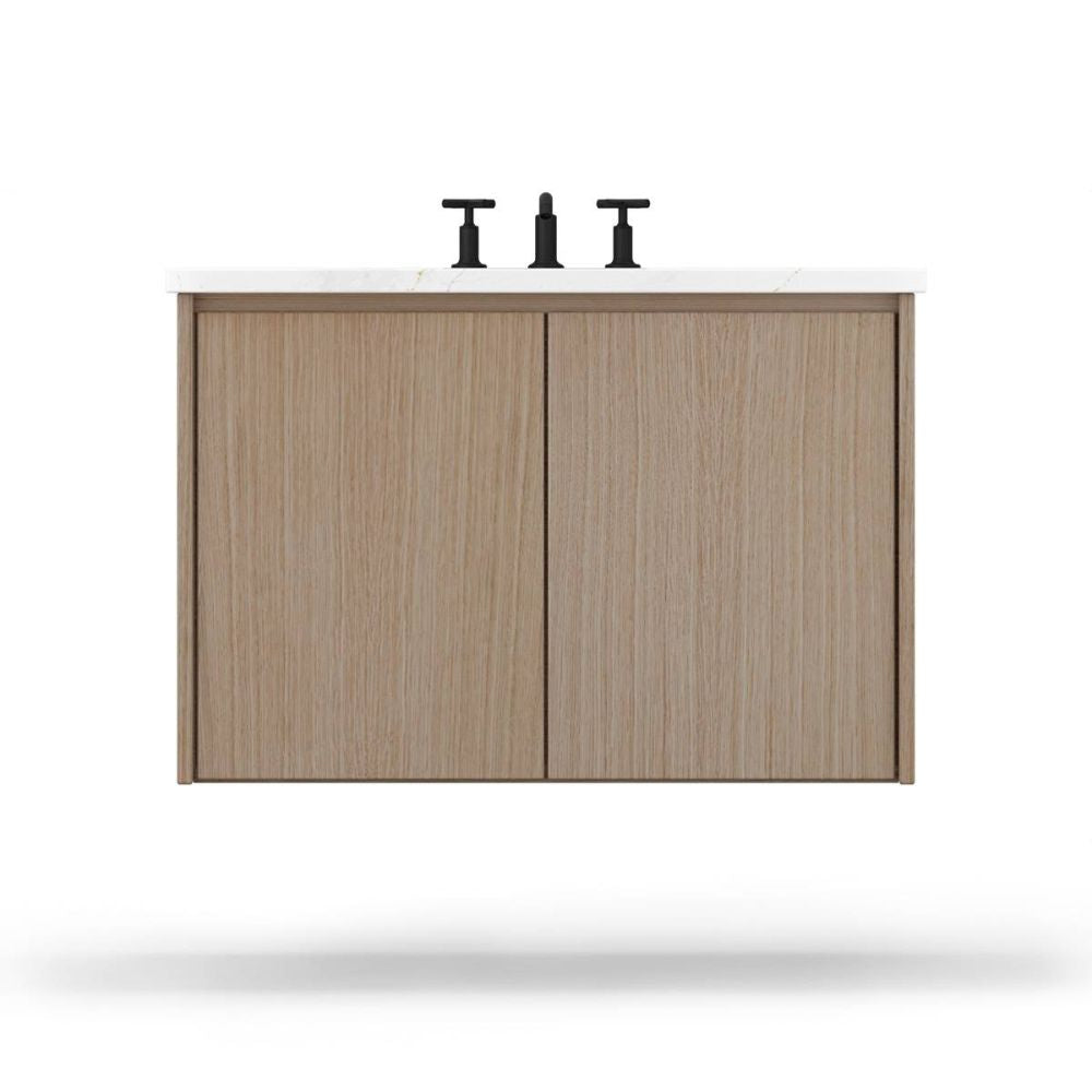 Wooden cabinet with two doors and three black bottles on a white background