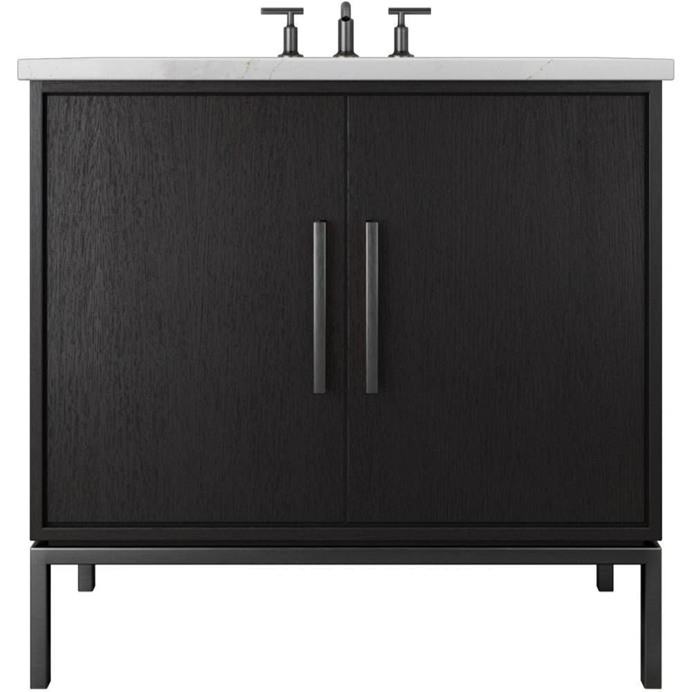 Black bathroom vanity with two doors and two handles on a white background