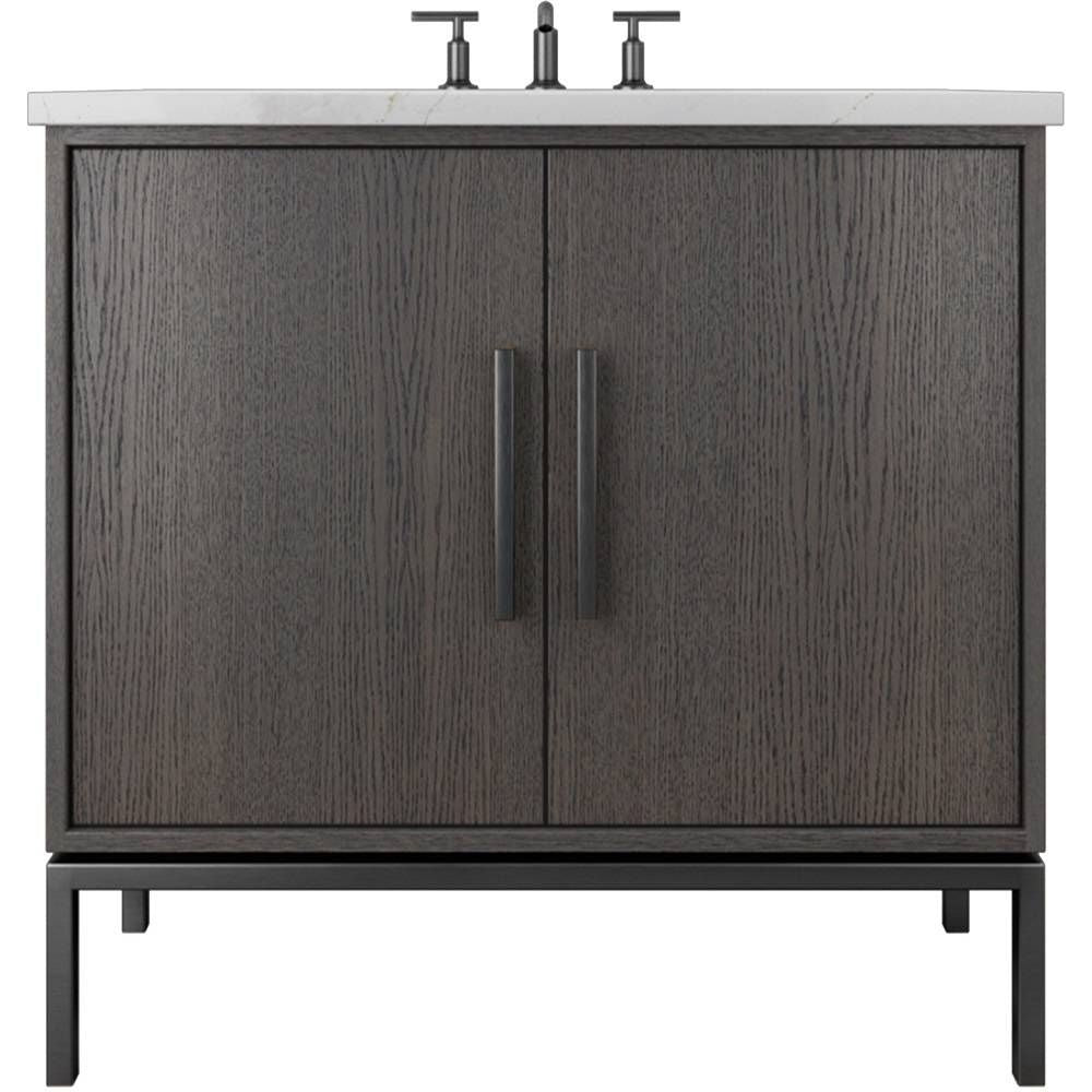 Bathroom vanity with dark wood finish and white countertop on a white background