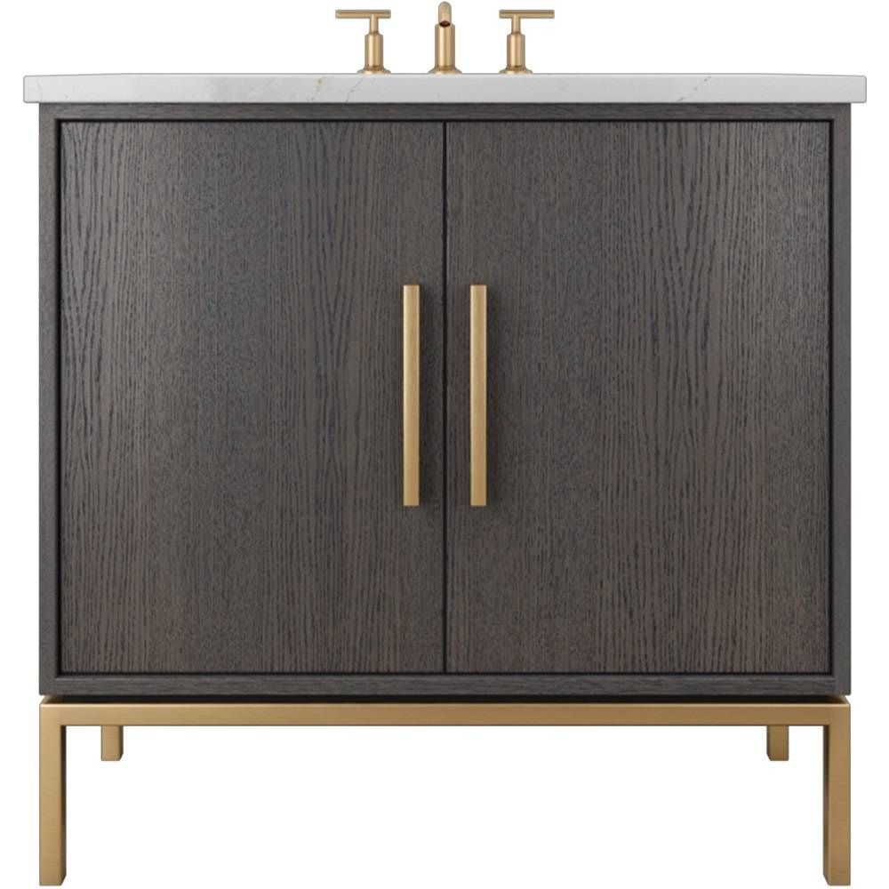 Bathroom vanity with dark wood finish and gold fixtures on a white background