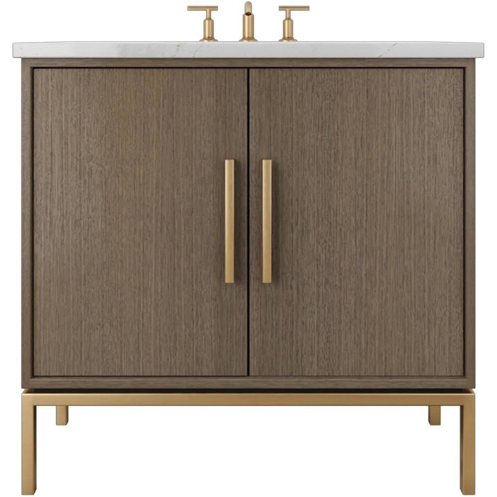Bathroom vanity with wooden finish, gold fixtures, and white countertop.