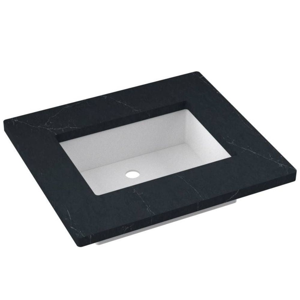 Black marble vanity top with white basin on a white background