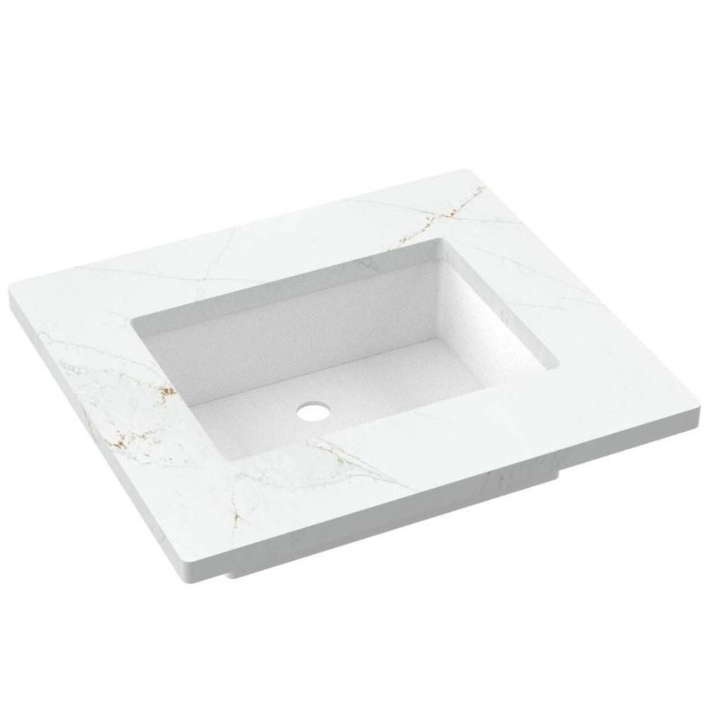 White rectangular sink with marble-like pattern on a white background