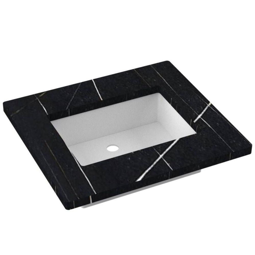 Black marble vanity top with white basin on a white background