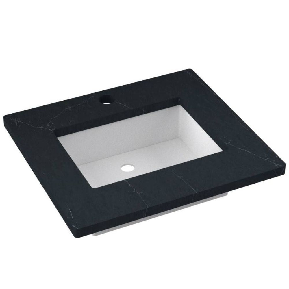 Black marble vanity top with white basin on a white background