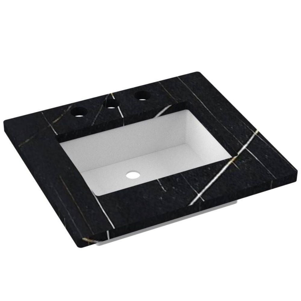 Black marble vanity top with white basin on a white background
