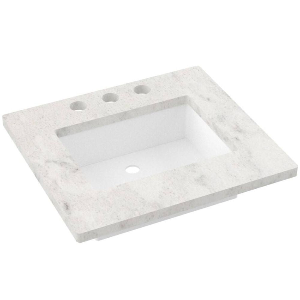 White marble vanity top with three holes on a white background